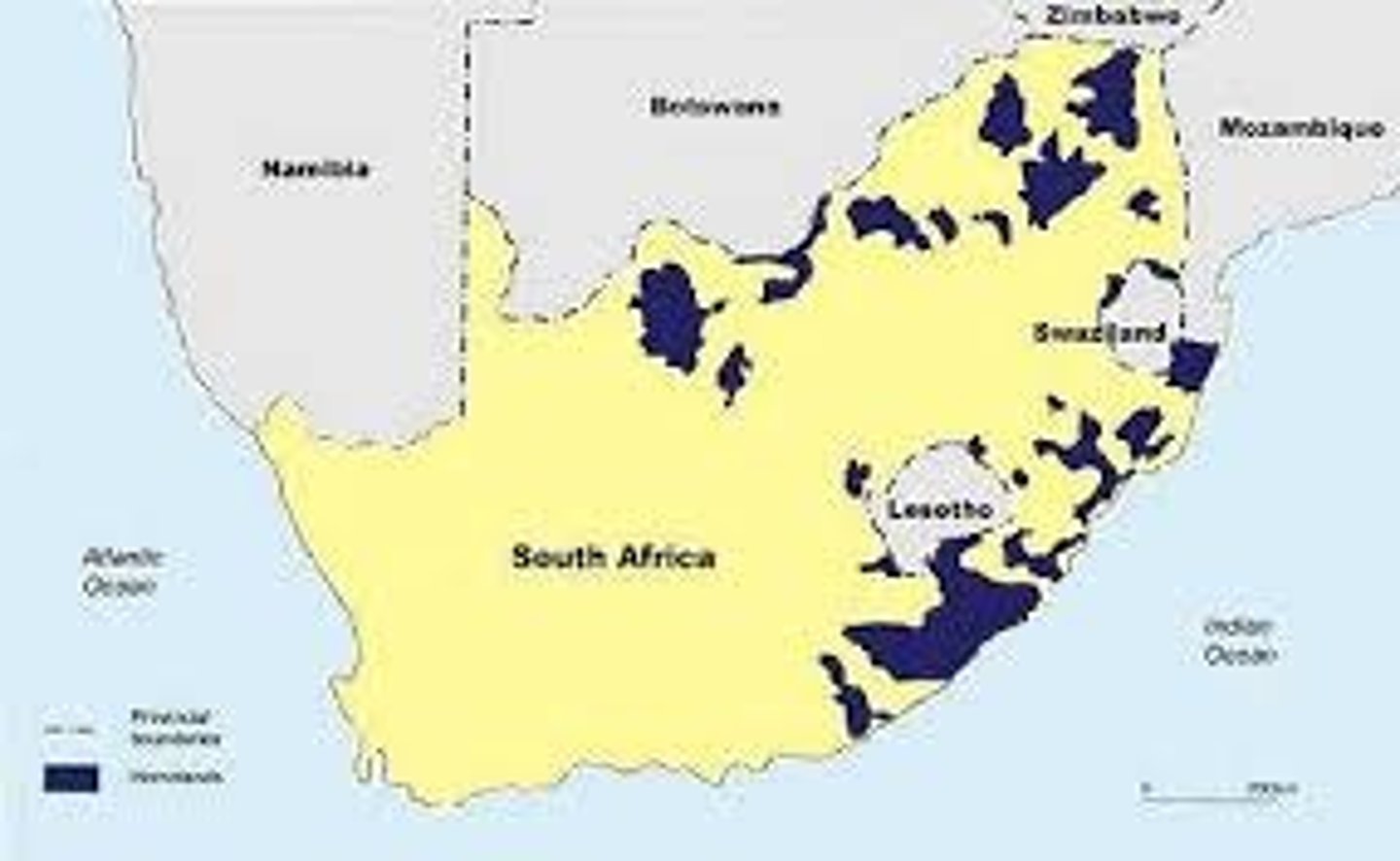 <p>one of 10 tribal/ethnic areas created under the Promotion of Bantu Self-Government Act (1959); all Black Africans would be required to live in one of these designated areas which would be independent countries</p>