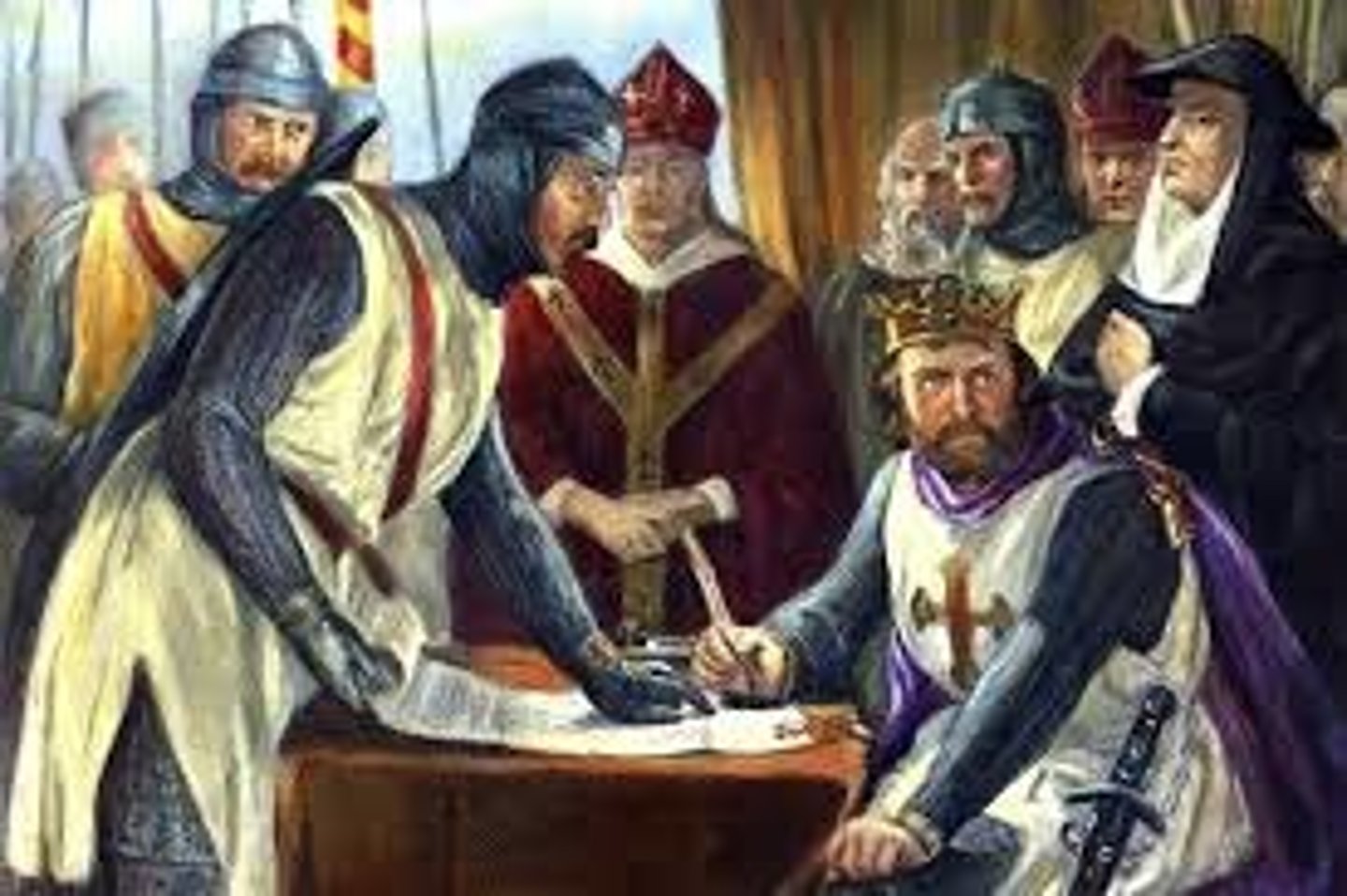<p>A charter of liberties (freedoms) that King John of England was forced to sign; it made the king obey the same laws as the citizens of his kingdom and limited his power.</p>