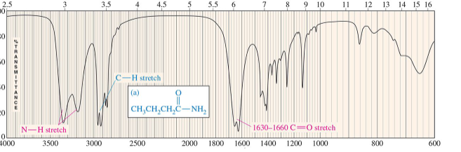 <p><span style="font-size: calc(var(--scale-factor)*12.00px)">C═O at 1640 - 1680 cm </span><span style="font-size: calc(var(--scale-factor)*8.04px)">–1,</span><span style="font-size: calc(var(--scale-factor)*12.00px)"> N-H absorptions around 3300 cm </span><span style="font-size: calc(var(--scale-factor)*8.04px)">-1</span></p>