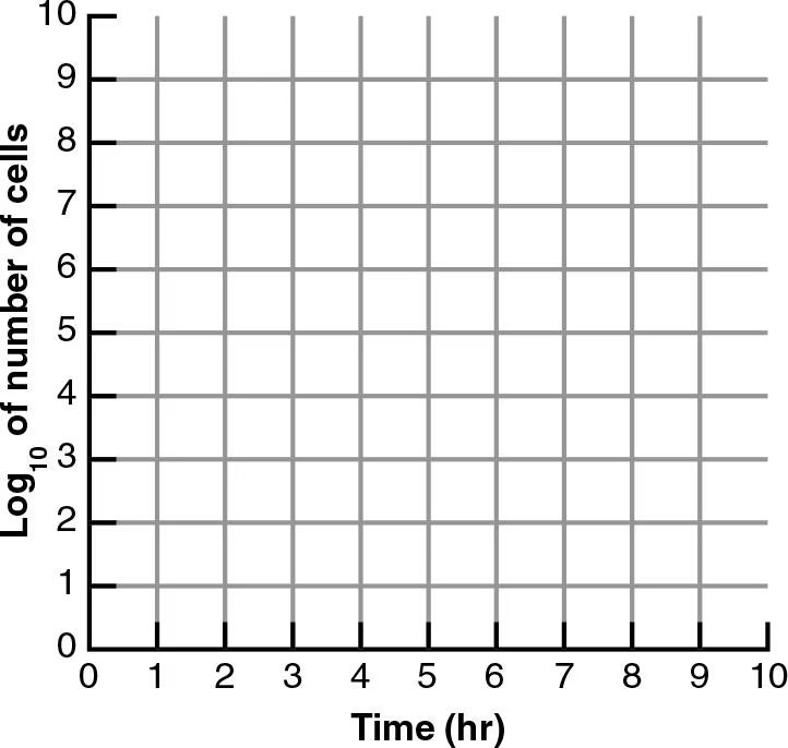 <p>DRAW IT Draw the following growth curves for E. coli, starting with 100 cells with a generation time of 30 minutes at 35 <strong>°C</strong>, 60 minutes at 20 <strong>°C</strong>, and 3 hours at 5 <strong>°C</strong>.</p><ol><li><p>The cells are incubated for 5 hours at 35 <strong>°C</strong></p></li><li><p>After 5 hours, the temperature is changed to 20 <strong>°C</strong> for 2 hours.</p></li><li><p>After 5 hours at 35 <strong>°C</strong>, the temperature is changed to 5 <strong>°C </strong>for 2 hours followed by 35 <strong>°C</strong> for 5 hours.</p></li></ol><p></p>
