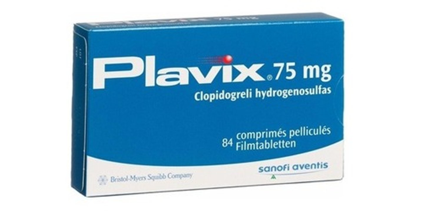 <p>Brand: Plavix</p><p>Class: Anti-platelet, P2Y12 antagonist</p><p>Indication: To reduce the rate of myocardial infarction (MI), stroke </p>