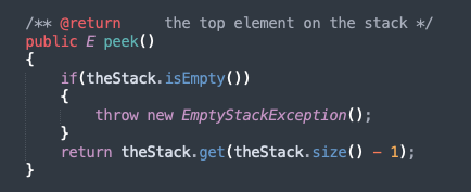 <p>look at the object on top of the stack</p>