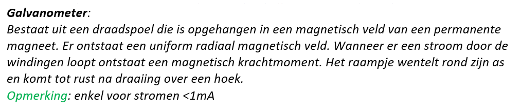 <ul><li><p>τ = μB = NISB = kθ met k = torsieconstante v/d spiraalveer</p></li><li><p>=> I = kθ / NSB</p></li></ul><p></p>