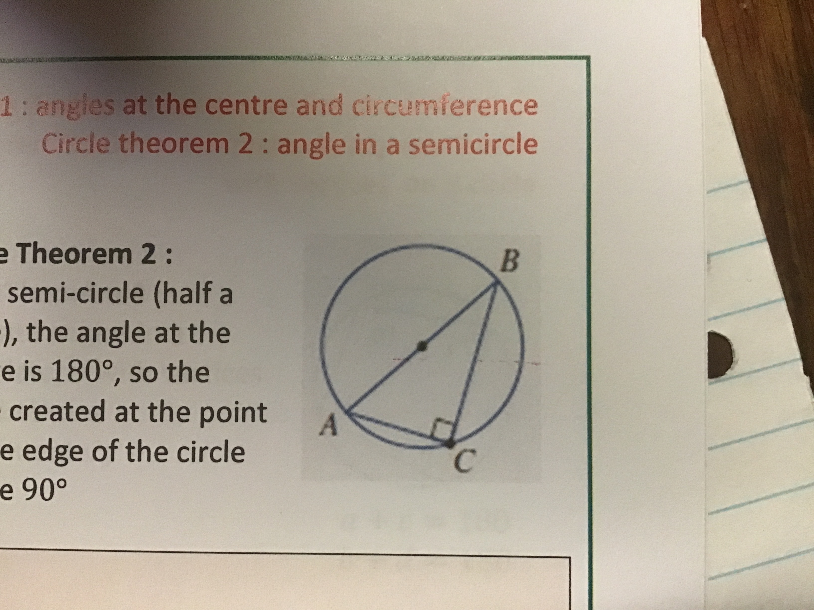 For a semi-circle, the angle at the centre is 180, so the angle created at the point on the edge of the circle will be 90