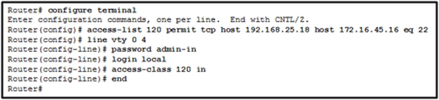 <p>An SSH connection is allowed from a workstation with IP 192.168.25.18 to a device with IP 172.16.45.16.</p>
