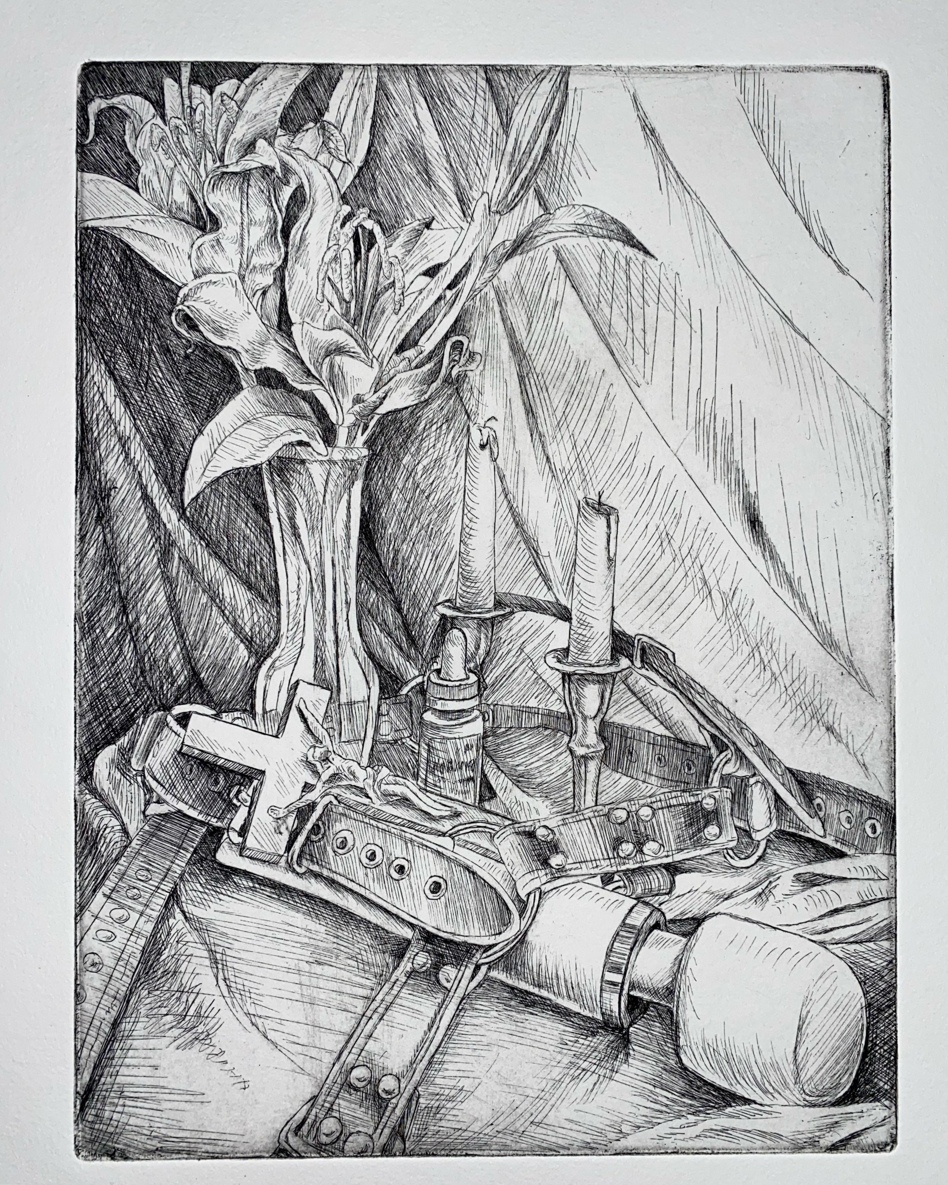 <p>Intaglio etching technique that involves a protective coating, impervious to acid, applied to the etching plate. The artist draws lines through this ground to expose the metal. The metal is then put in an acid bath to&nbsp;etch lines into it. Sharp lines.</p>