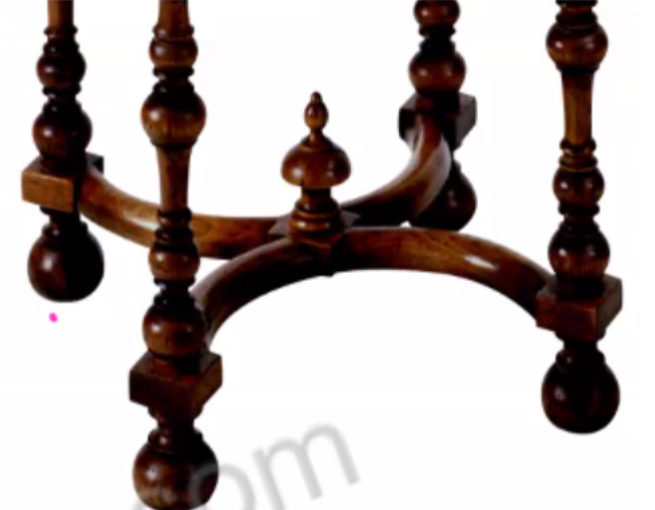 <p>Early 18th century table stretcher in which two lyre-shaped segments connect the legs; The open end of each lyre faces an end of the table, with each arm of the lyre attached to one leg; The two lyres are joined at their curved sections</p>