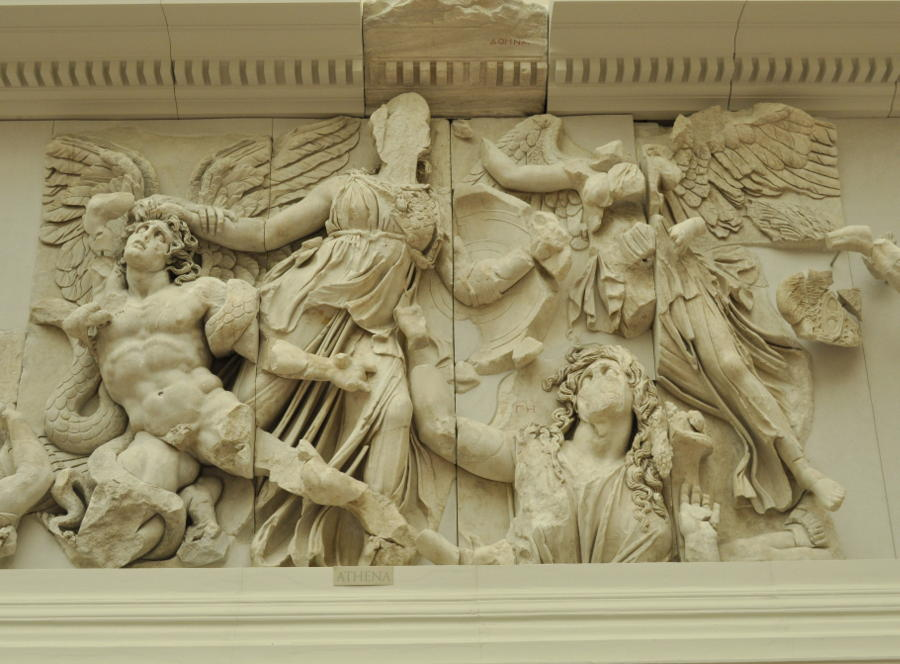 <p>Great Altar of Zeus and Athena at Pergamon </p><ul><li><p>Asia Minor (present-day Turkey)</p></li><li><p>Hellenistic Greek</p></li><li><p>c. 175 BCE</p></li><li><p>marble (architecture and sculpture) </p></li></ul><p></p>