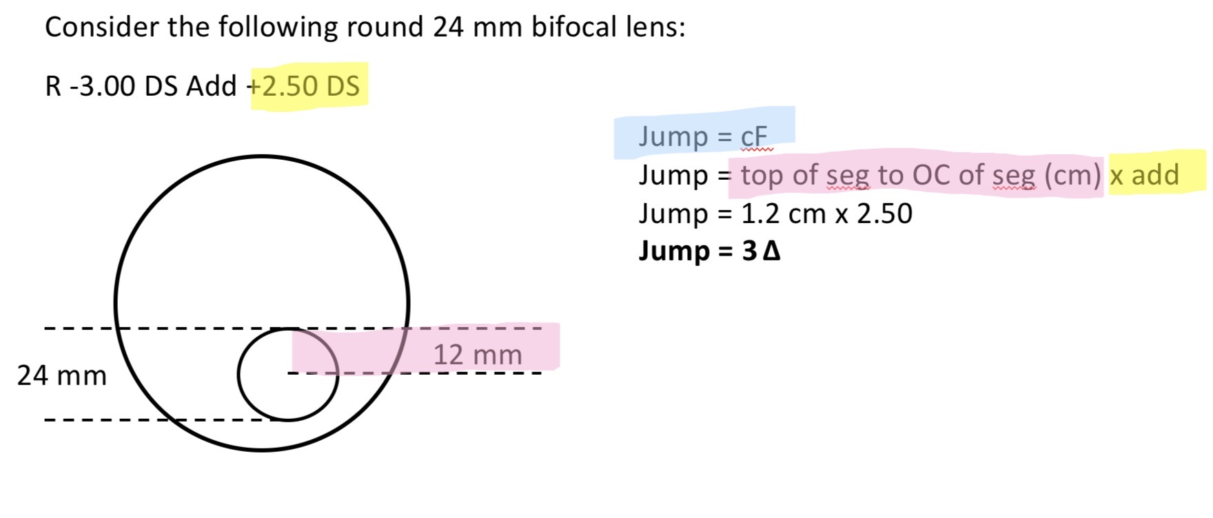 <p>Jump = cF </p><p>c = top of segment to OC of seg (cm) </p><p>F = add </p>