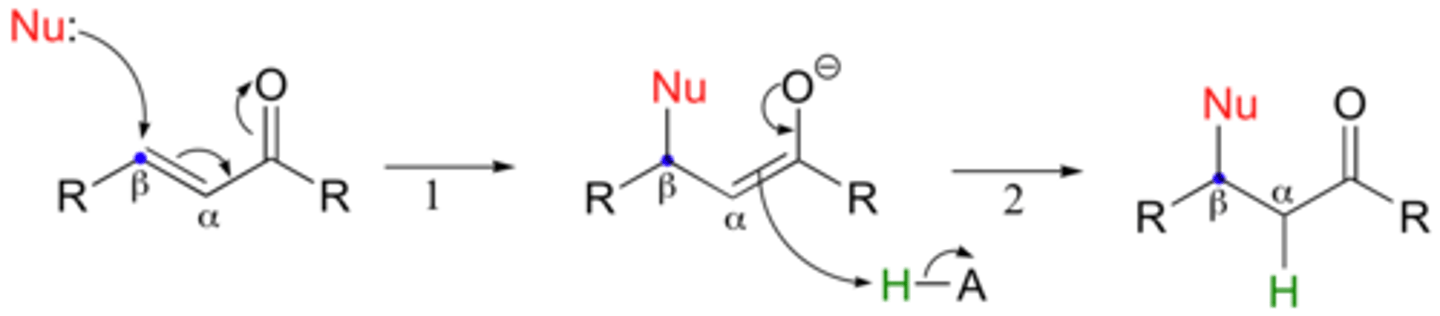 <p>Michael Reaction: generate 1,5-diketone</p><p>(in pic: Nu is enolate)</p>