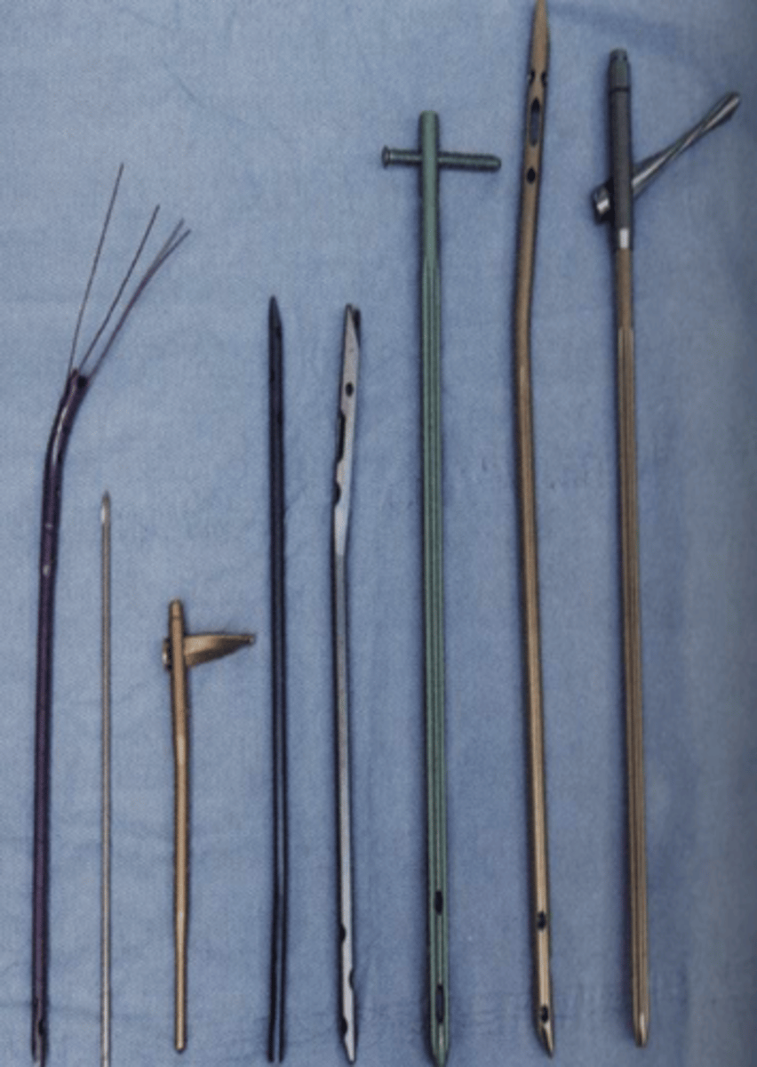<p>intramedullary rods/nails are inserted w/in shaft of long bones to stabilize fractures</p>