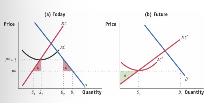 <p>Technological advances based:</p><p>Set up import tariff (not quota as it would just mean less production and no progress) which allows industry time to advance technologically, hence reduce price and hence minimise/erase shutdown/losses.</p><p>Only works if tariff can be removed </p><p>PS future must &gt; than current dwl</p>