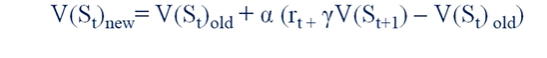 <p>the difference between reward recieved and reward expected.</p><p>V(st)new = assocaitive strength new trial</p><p>V(st)old =value estimate for currnent stat</p><p>V(st+1) = current state # + 1</p><p>t = time</p><p>alpha = learning rate</p><p>gamma (y) = discounting parameter, 1</p><p>r = reward delivered in current state</p>