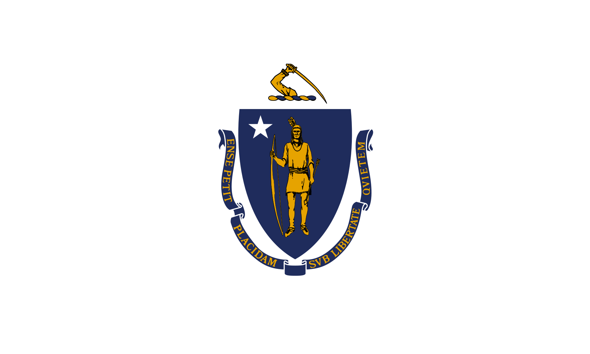<p>White background with blue shield featuring a native american. Banner with “Ense Petit Placidum Svb Libertate Qvietam”</p>