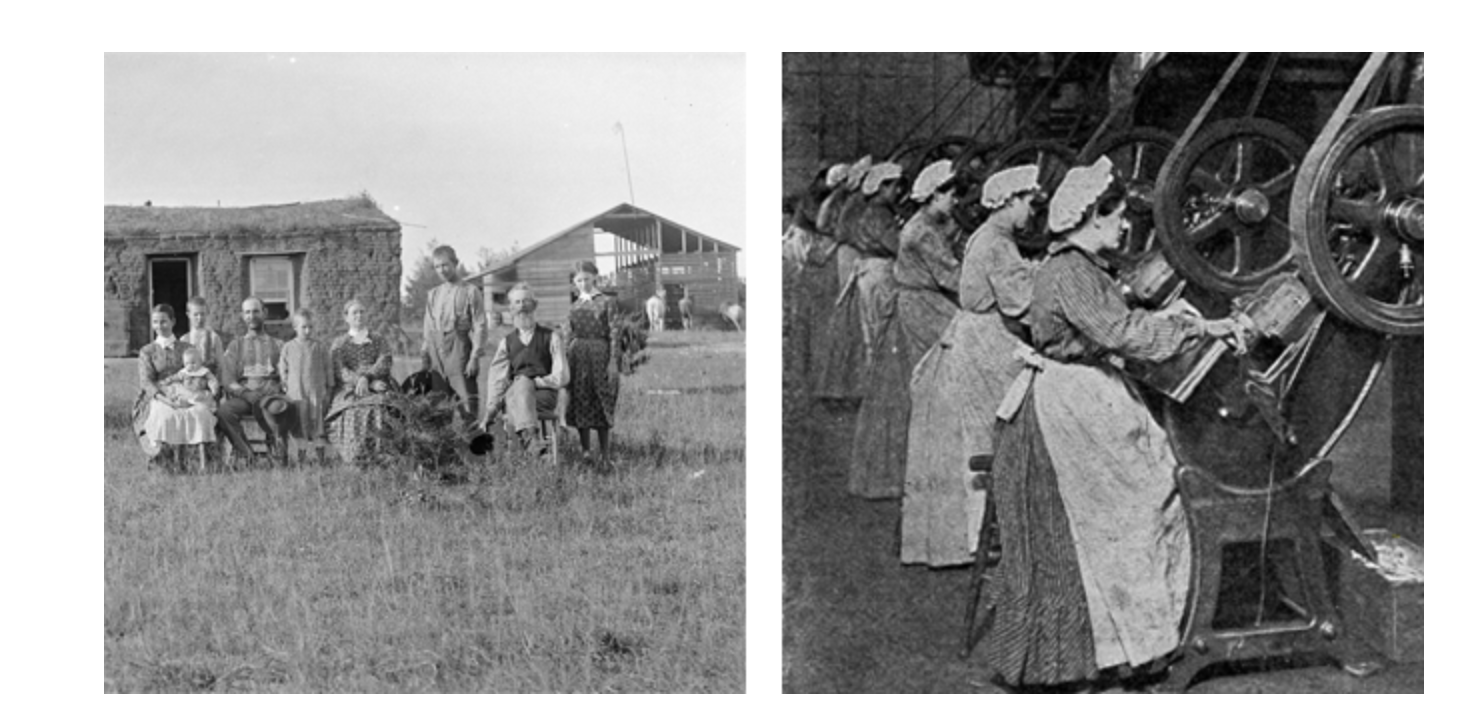 <p><span>The images shown illustrate a change that took place as the Second Agricultural Revolution coincided with the Industrial Revolution. Which of the following compares this geographic relationship between these revolutions?</span></p><p><span>a. The mechanization of farm work allowed many young people to migrate and join a growing urban industrial workforce</span></p><p><span>b. An increase in chemical farming practices let to more food being produced by farmers and then processed in factories</span></p><p><span>c. The creation of sedentary societies, where farm work was done completely by machine, resulted in permanent settlements in town and cities</span></p><p><span>d. An increase in the rural farming workforce lead to higher farm productivity, which resulted in more food for urban industrial workers</span></p><p><span>e. The domestication of plants and animals allowed for factory farming practices where workers made the first canned foods</span></p>