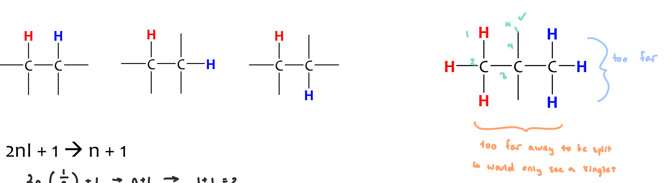 <ul><li><p>equivalent protons cannot split each other</p></li><li><p>to split each other, H’s need to be 2-3 bonds away from one another</p></li><li><p>n+1</p></li><li><p>H’s part of a tert-butyl group show up as singlet</p></li></ul><p></p>