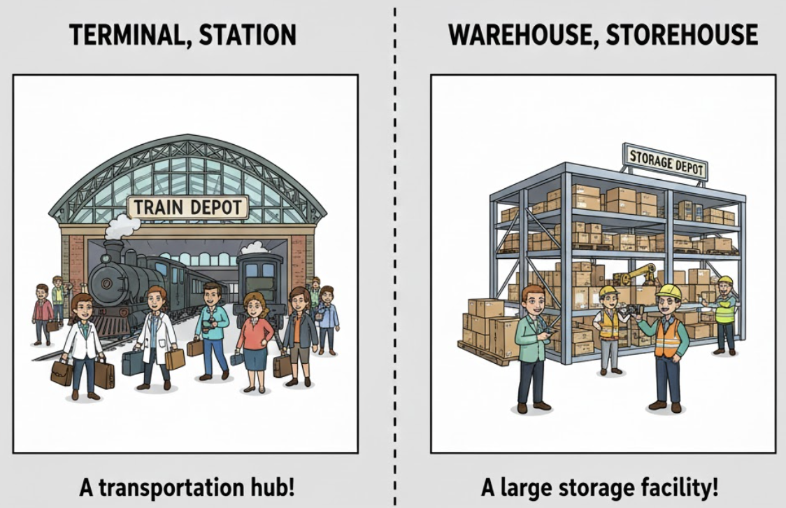 <p>A place where buses, trains, or other vehicles are housed and maintained, or a storehouse for goods. </p><ul><li><p>(Trạm xe, kho chứa, kho bãi tập kết)</p></li></ul><p><strong>Dạng liên quan:</strong></p><ul><li><p><strong>Depot-level</strong> (Tính từ: Cấp độ kho bãi/trung ương)</p></li></ul><p></p>