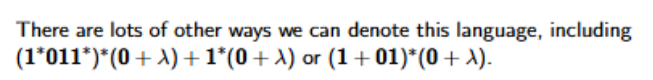 <p>In other words whenever 0 occurs it must immediately be followed by at least one 1. Part of this can be achieved by the regular expression <em>(011)</em>**.</p><p>But more is needed: there may be a 0 at the end, and the string could start with 1 or more 1s.</p><p>We need <em>1(011</em>)*(0 + λ)**</p>
