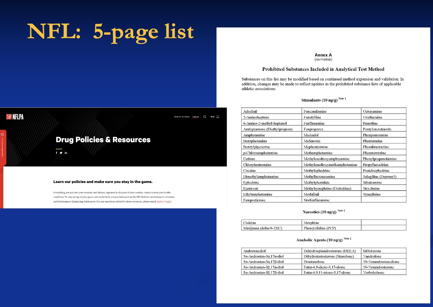 <p>-stimulants, anabolic, narcotics</p><p>-up to the athlete (so if don’t know if getting it, still subject to a ban)</p>