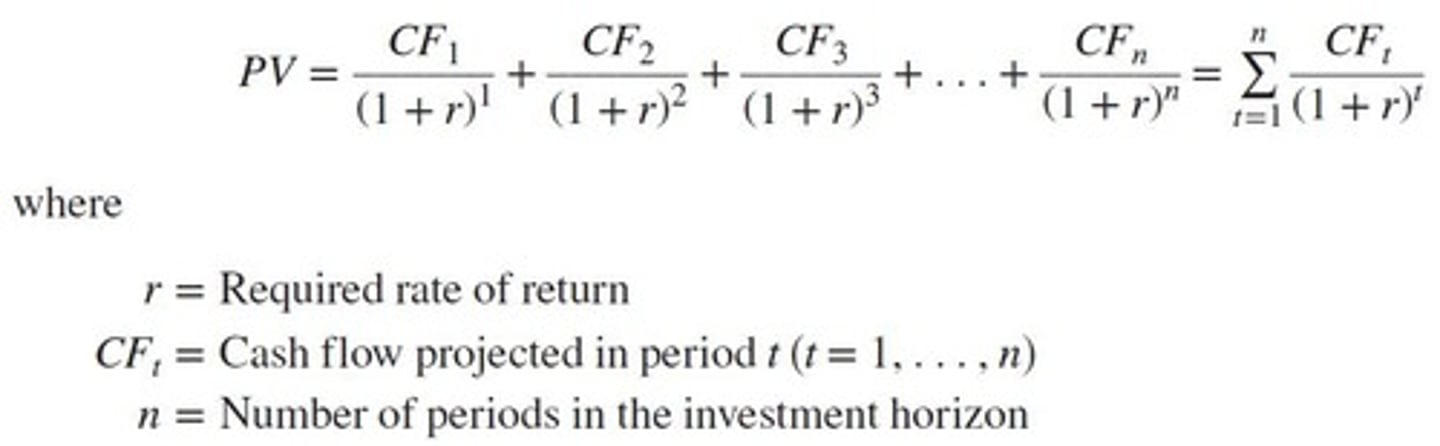 <p>Vb = ∑ (C / (1 + r)^t) + (F / (1 + r)^T), where C = coupon payment, r = required rate of return, F = face value, T = time to maturity.</p>