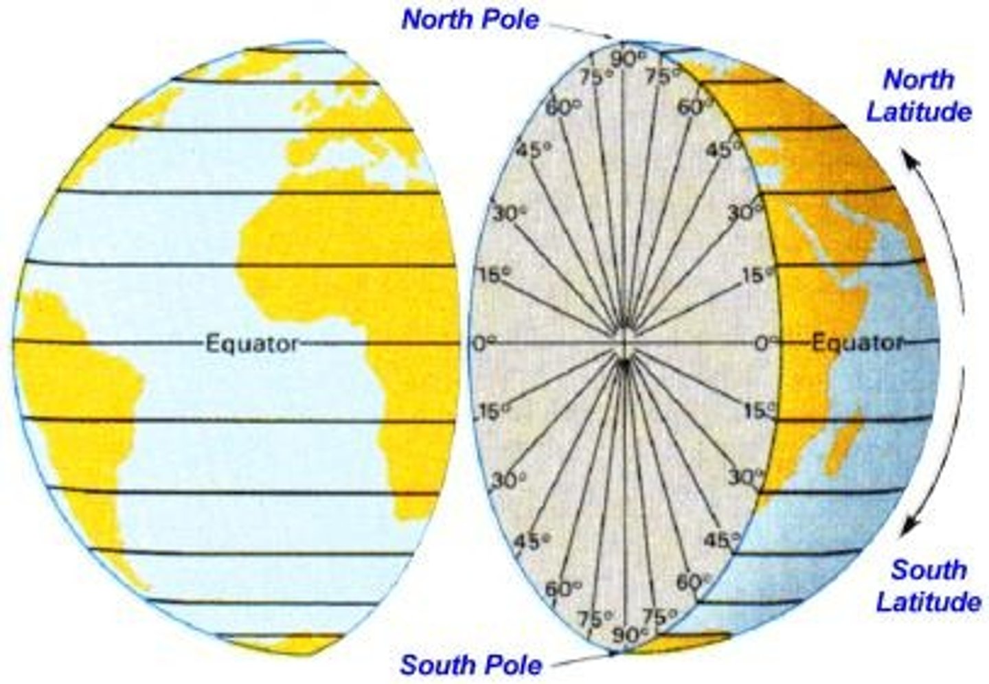 <p>measures distance in degrees either north or south of the equator. All latitude lines are parallel to the equator and each other. They never cross or meet.</p>