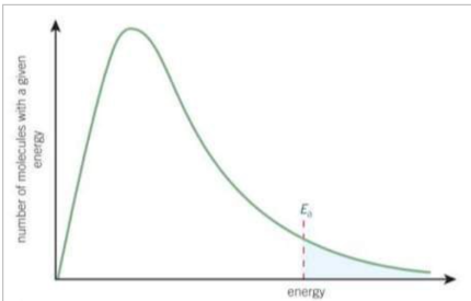 <p>Ea represents the activation energy, the shaded area shows only a small proportion of molecules have more energy than Ea and therefore, enough energy to react. </p>