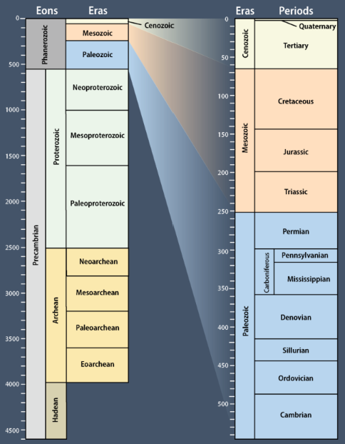<ol><li><p><u>Ordering </u>of <u>deep time</u> into eons, eras, epochs, periods, and stages</p></li><li><p><u>4.5 Ga – present</u></p></li></ol><p></p>
