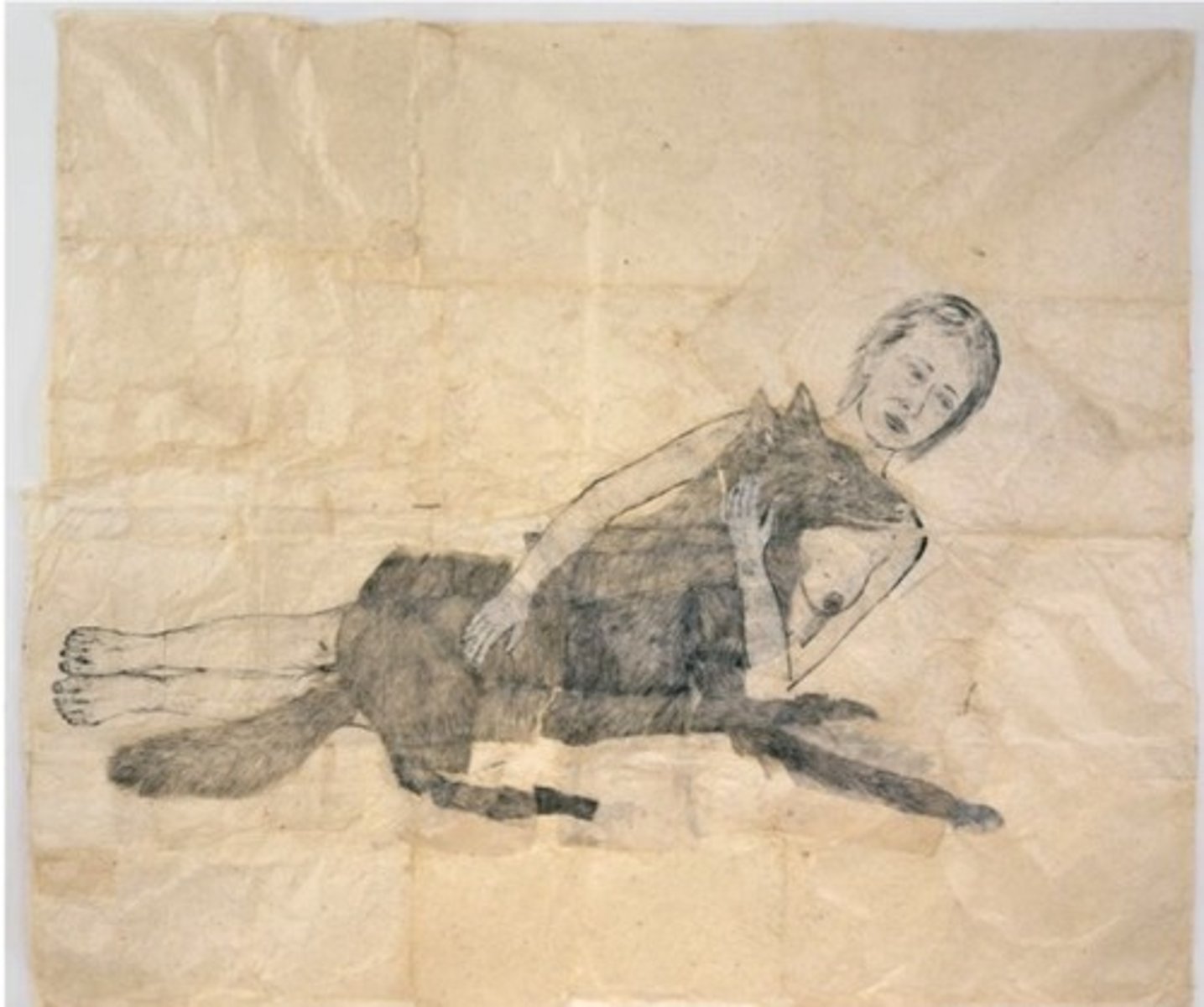 <p>Kiki Smith</p><p>2001 CE</p><p>Form: Ink and pencil on paper</p><p>Function: Explores sex and gender, part of a series that explored mythological and biblical tales</p><p>With ink and pencil on wrinkled paper, Smith draws a nude woman holding a wolf. The work was in a series that explored mythological and biblical tales as well as Victorian literature. The theme for all of the works in the series was the feminine identity. In this drawing, Smith shows the power of femininity as strong enough to tame a wild beast. Kiki Smith also explores sex and gender in "Lying with the Wolf".</p>