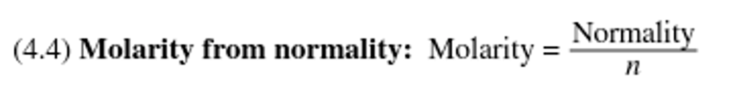<p>The ratio of equivalents per liter; it is related to molarity by multiplying the molarity by the number of equivalents present in one mole of a compound.</p>