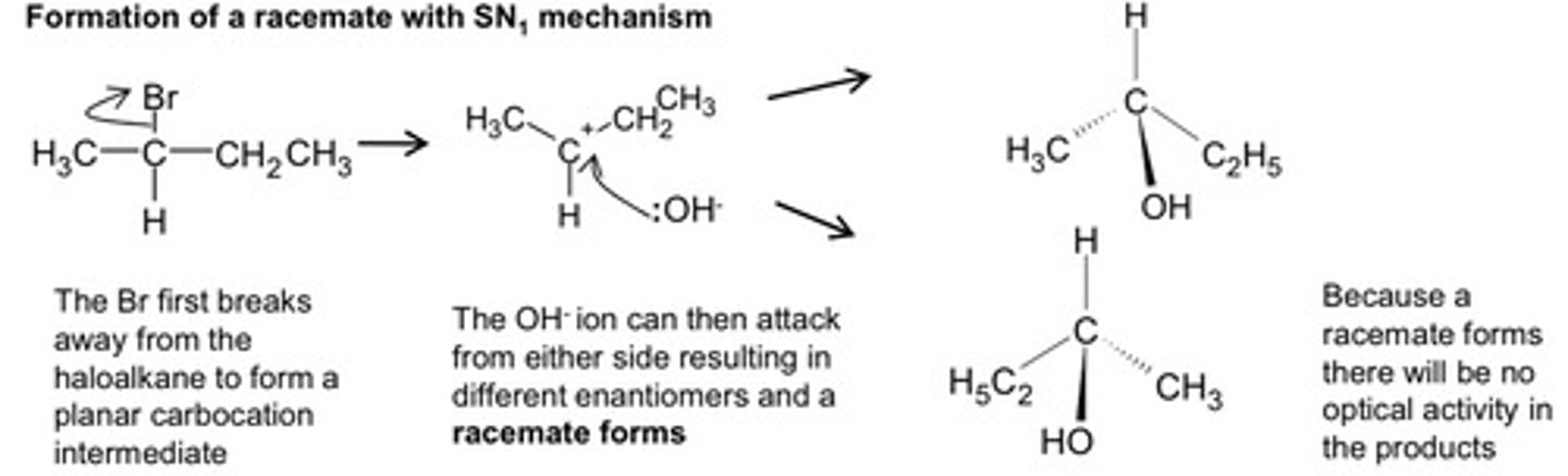 <p>★ start with one enantiomer, end up with a racemic mixture</p><p>[occurs in 2 steps]</p><p>1) SLOW STEP: loss of leaving group (X-) , resulting in a planar carbocation intermediate around reaction site</p><p>2) incoming nucleophile can attack via either face of the compound</p><p>3) results in 2 optically active isomers (50% S and 50% R) so no optical activity</p>