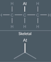 <p>We don't write any Cs or Hs but we do write At (non C or H atom) to show the astatine atom and we show the carbon-astatine single bond (non C/H atom—- C single bond)</p><p></p>