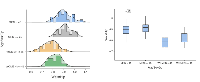 <p>Side-by-side box plots (centre/spread) or vertically aligned histograms (shape)</p>