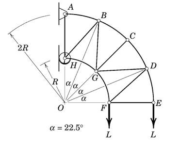 <p>The simple truss shown supports the two loads, each of magnitude L = 10KN.</p><p></p><p>Determine the force in member CD.</p><p>a) 14.17KN</p><p>b) 16.17KN</p><p>c) 6.46KN</p><p>d) 6.01KN</p>