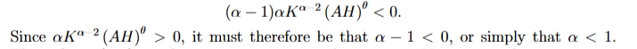 <ul><li><p>we differentiate the marginal product of capital with respect to capital as for MPK to be strictly decreasing in K, dMPK/dK &lt; 0</p></li><li><p>this means that production is increasing and concave in K, which means that an increase in K will increase output but that the additional increase in output is getting smaller the larger K is </p></li></ul><p></p>