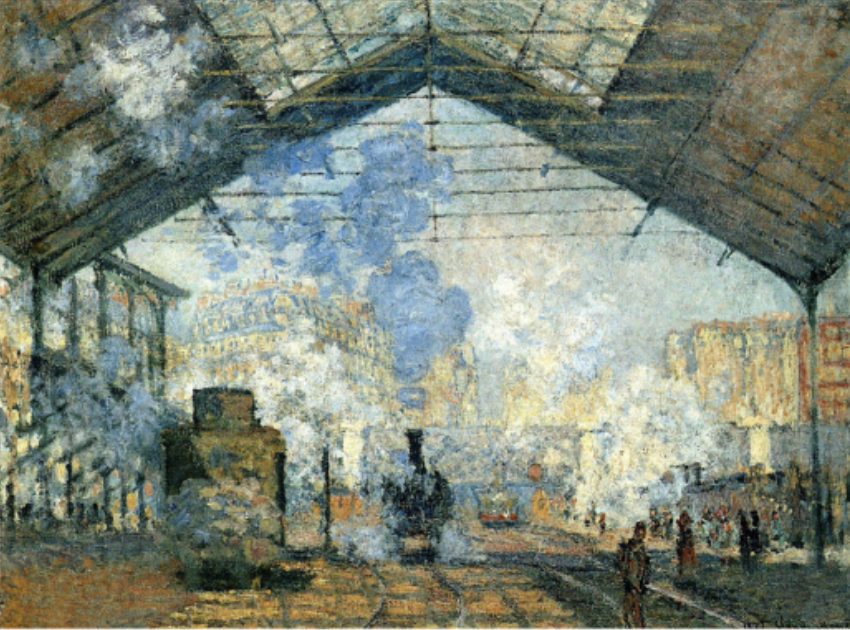 <p>oil on canvas, in the Musee d’ Orsay, Paris</p><p>one of a series of train stations</p><p>impressed by these new features of industrialism of the train the train stations</p><p>capture the impressions made by the smoke/steam</p><p>blur the edges of famous buildings </p><p>train station = industrialized cathedral (acts as archeological frame for painting of trains) </p>