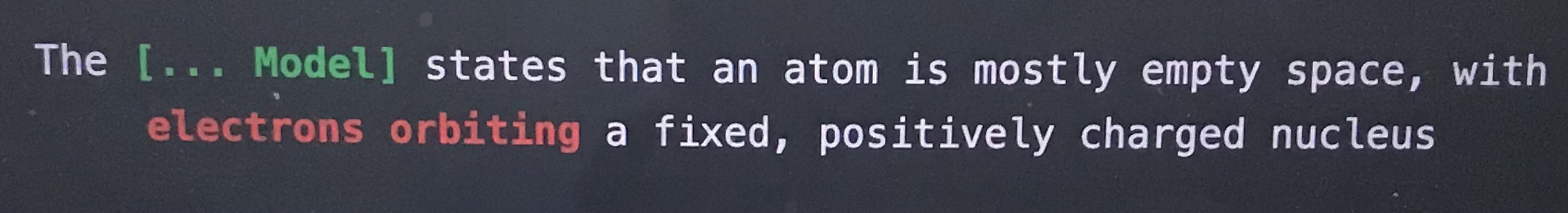 <p>The blank model states that an atom is mostly empty space with electrons orbiting a fixed, positively charged nucleus </p>