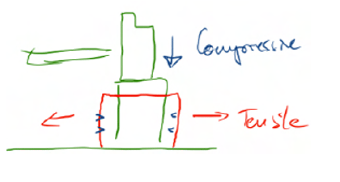 <p>2 for shear stress</p><p>1 for tensile stress</p><p>Compressive stress produces fracture due to the tensile stress provokes while pressing. So, iti is the tensile stress who is provoking the fracture</p>