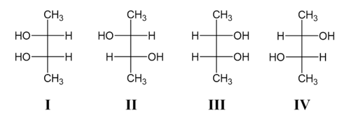 <p>Which statement about these Fischer projections is correct?</p><p>A) I and III are enantiomers</p><p>B) II and IV are identical</p><p>C) II is a meso isomer</p><p>D) I and II are diastereomers</p>