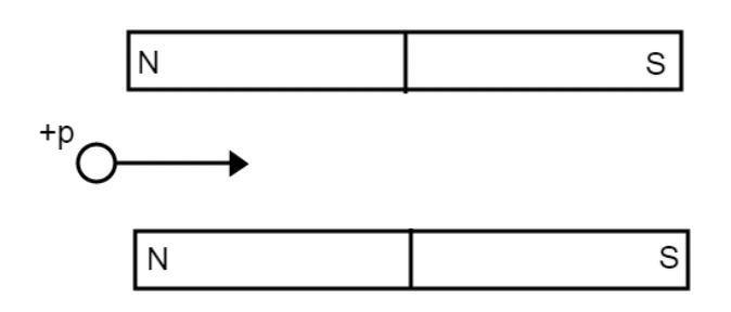 <p>The proton continues to move to the right in a straight line</p>