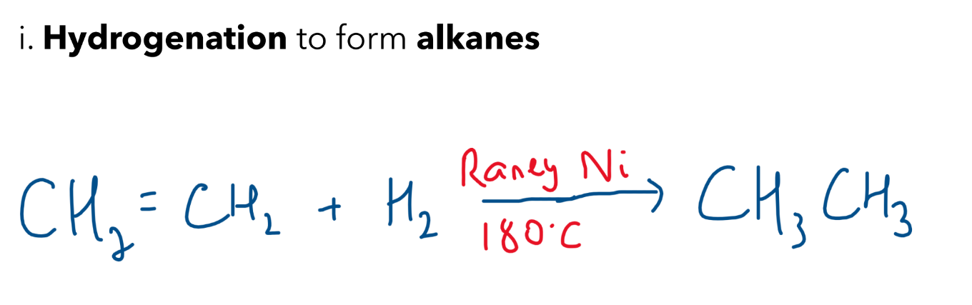 <ul><li><p>Adding hydrogen to form an alkane </p></li><li><p>Raney Nickel at 180</p></li><li><p></p></li></ul><p></p>