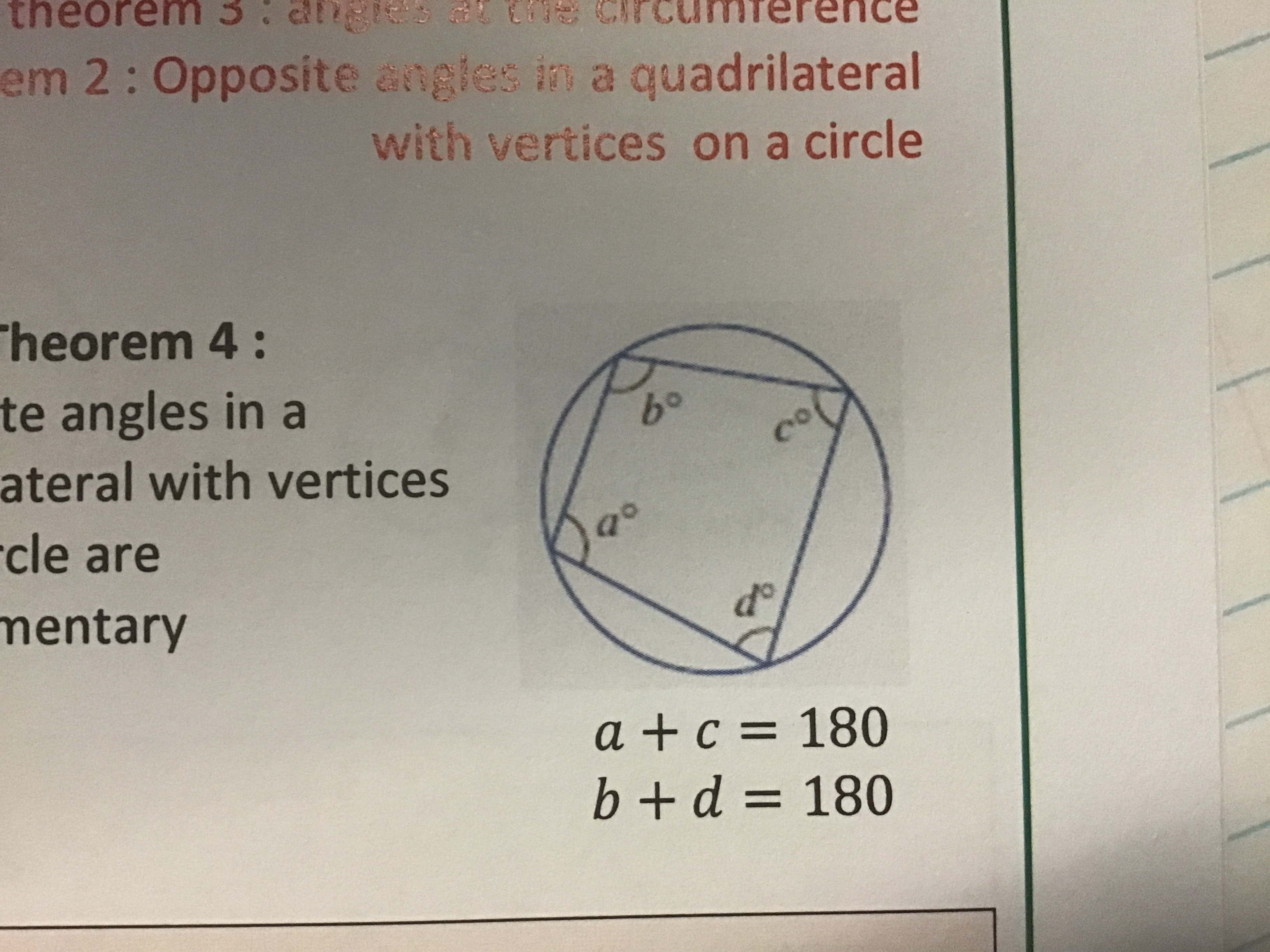 Opposite angles in a quadrilateral with vertices on a circle are supplementary 