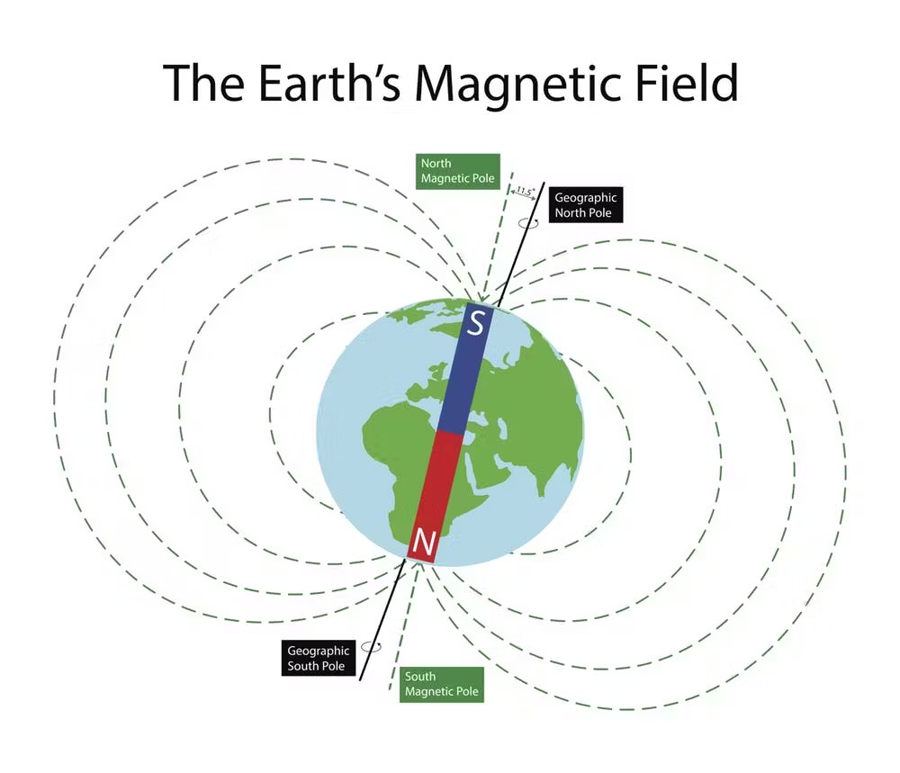 <p>Since the North Pole of a magnet points geographically north the magnetic south must also be at the geographical north. </p>