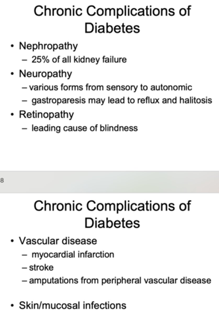 <p>- Nephropathy</p><p>- Neuropathy</p><p>- Retinopathy</p><p>- Vascular disease</p><p>- Skin/mucosal infections</p>