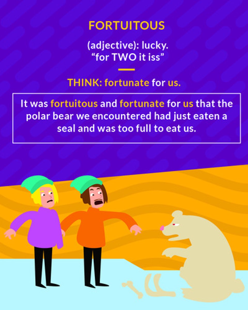 <p>lucky, fortunate</p><p>E.g She felt fortuitous after winning the lottery.</p>