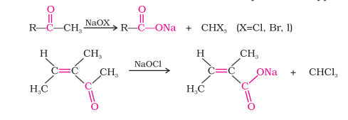 <ul><li><p>Aldehydes and ketones having one methyl group attached to the carbonyl carbon (methyl ketones) are oxidized by sodium hypohalite to corresponding sodium salts of carboxylic acids</p></li><li><p>Methyl group gets converted to haloform</p></li><li><p>Carbon-carbon double bond remains unaffected by this reaction, if present</p></li><li><p>Iodoform reaction is used to detect CH3CO- group/CH3CH(OH)- group that oxidizes to CH3CO-</p></li></ul>