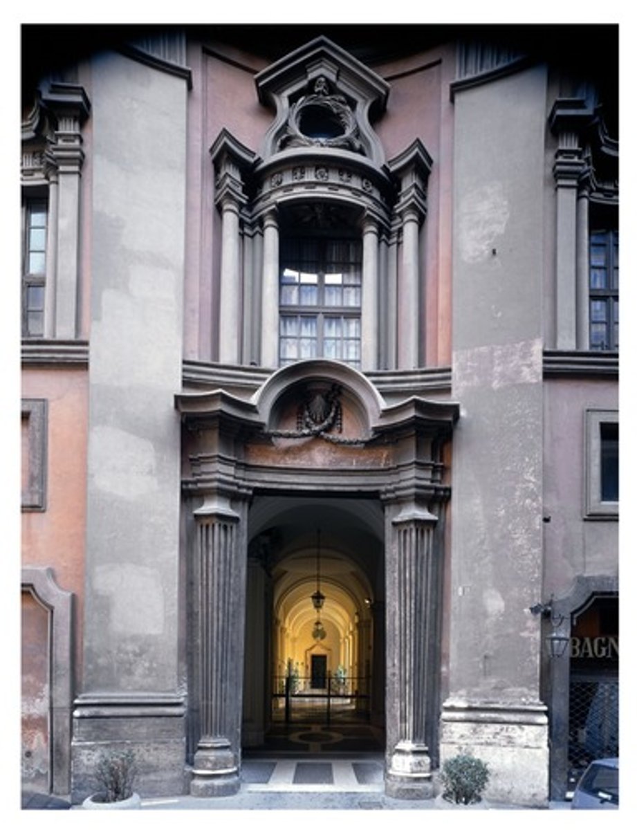 <p>The design of the architectural work shown can be attributed to Francesco Borromini because of its</p><p>A</p><p>careful re-creation of an actual facade from Roman antiquity</p><p>B</p><p>bold and inventive use of coffers of varying shapes</p><p>C</p><p>curved, undulating forms and broken entablatures</p><p>D</p><p>combined use of molded concrete and carved stone</p>