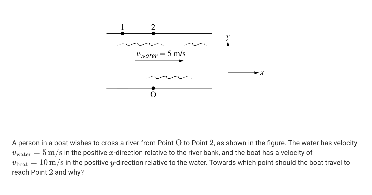<p>A. <span><span>Toward Point 1 because the y-component of the boat’s velocity with respect to the water needs to be equal in magnitude to the velocity of the water.</span></span></p><p>B. <span><span>Toward Point 1 because the x-component of the boat’s velocity with respect to the water needs to be equal in magnitude to the velocity of the water but in the opposite direction.</span></span></p><p>C. <span><span>Toward Point 2 because the magnitude of the boat’s velocity with respect to the water is greater than the magnitude of the velocity of the water.</span></span></p><p>D. <span><span>Toward Point y because the y-component of the boat’s velocity with respect to the water is not affected by the motion of the water.</span></span></p>