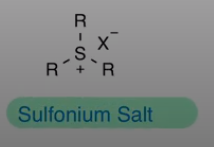 <p>sulfur making bonds with 3 carbons, sulfur has pos formal charge sulfur counterbalanced by negative halogen</p>