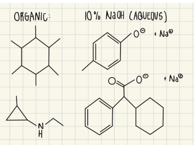 <p>Adding NaOH (strong base) deprotonates acidic groups like hydroxyl (OH) and carboxylic acid (COOH) and moves them to the aqueous phase</p>