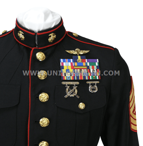 <p>no medals, all ribbons on left, marksmanship pins worn on right, service stripes (1 per deployment)</p>